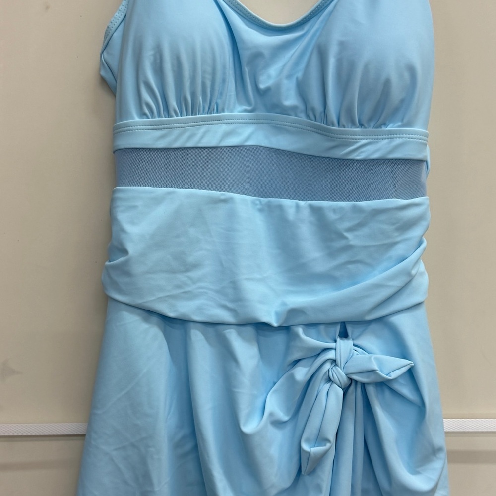 Light Blue Women’s One-Piece Swimdress with Waist Tie